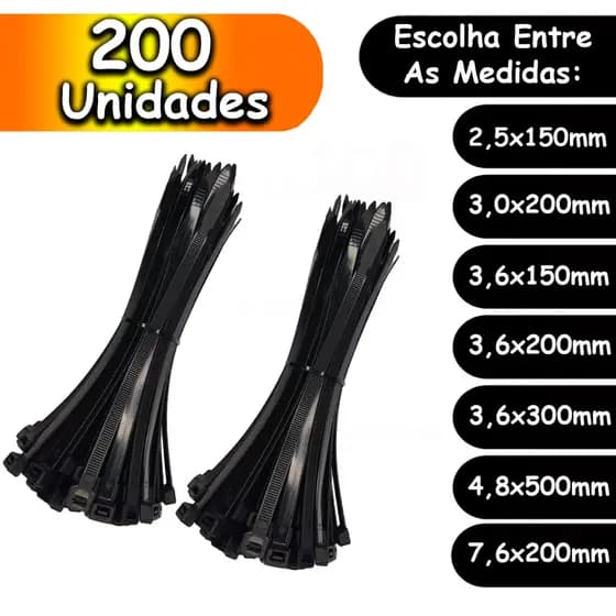 200 Unidades Abraçadeira Presilha Enforca Gato Cinta Plástica  Lacre Nylon -  Escolha As Medidas
