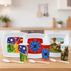Kit Refeição Bebê Aranha Dinossauro Heróis Prato Copo 350ml Colher Plástico Criança Menino Merenda