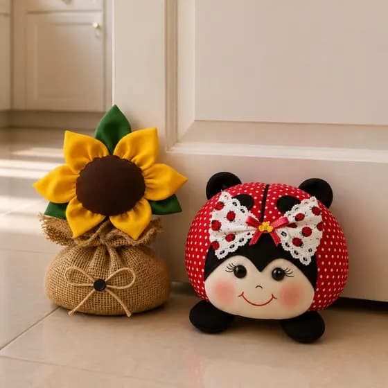 Peso de Porta Artesanal Joaninha ou Girassol Decorativo Enfeite Aparador Cozinha Quarto