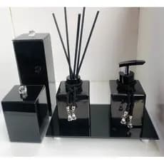 Kit Banheiro Lavabo Preto Porta Escova Porta Algodão Saboneteira Líquida Difusor De Varetas e Bandeja