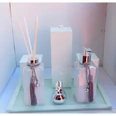 Kit Lavabo Luxo Branco Aromatizador Saboneteira Trio Organizador e Bandeja