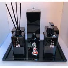Kit Lavabo Luxo Preto porta Cotonete Algodão Escova Com Porta Sabonete Líquido e Difusor de Varetas  Bandeja