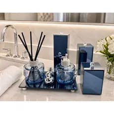 Kit Lavabo Luxo Azul Espelhado Trio Organizador Saboneteira Difusor Bandeja Decorativa