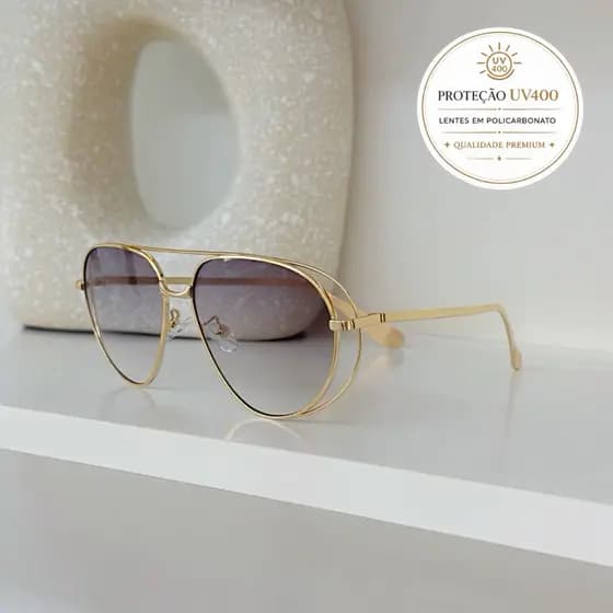Óculos de Sol Moda Aviador Premium Proteção UV400 Lentes Policarbonato Qualidade Elegante Mulher