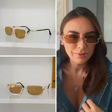 Óculos de Sol Feminino Retangular Dourado Luxury UV400 Vintage Fashion Elegante