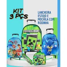 Kit Mochila Escolar com Rodinhas - Diversos Personagens - Menino e Menina reforçado 3 peças