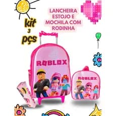 Kit Mochila Escolar Roblox com Rodinhas + Lancheira + Estojo
