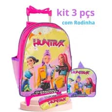 Kit mochila escolar Guerreiras do K-pop com lancheira e Estojo -Carrinho com Rodinhas