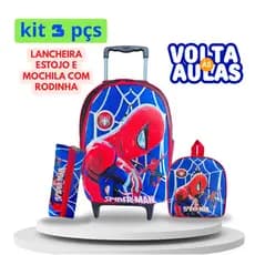 Kit Mochila escolar Homem-Aranha com Lancheira e Estojo - Rodinha - Menino - Masculino-Refosado
