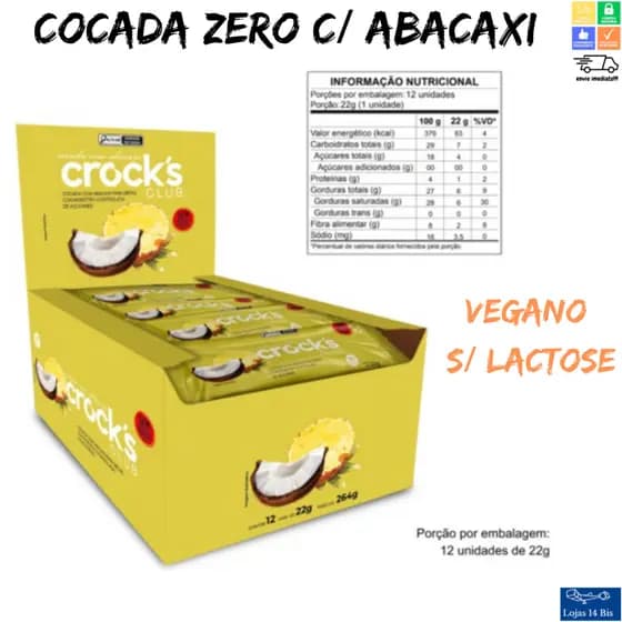 Cocada C/ Abacaxi Zero Adição Açúcar Crocks Sem Glúten Sem Lactose Caixa com 12 Unidades de 22g