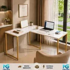 Mesa de Escritório em L  1,20 X75 Mármore Pés ferro Dourado Home Office 0,90 e 0,75 Estilo Industrial - Metalon Dourado