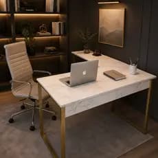 Mesa de Canto Mega Manicure em L Pés Industriais Dourados Tampo Mármore Escritorio Profissional Home Office