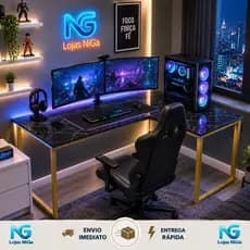 Mesa Em L Industrial Gamer Escrivaninha Estudare De Canto Ferro E Madeira 120CM Escritorio - Pes Dourado - MEGA PROMOCAO