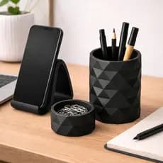 Kit 3 em 1 Escritório Office Organizador Porta Canetas + Suporte Celular + Porta Clips Premium Geométrico