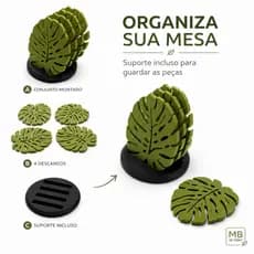 Kit Porta-Copos Folha Monstera com Suporte Decorativo 4 Peças