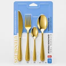 Jogo Talheres 16 Peças Aço Inox Dourado - Garfo Faca Colher