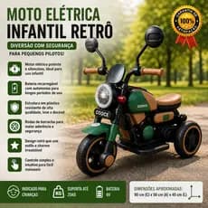 Moto Eletrica Infantil Verde Retrô Bateria Recarregavel Luz Led Som Motinha Rodas Estabilizadora