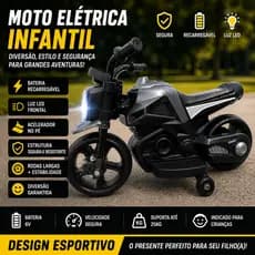 Moto Eletrica Infantil Preta Design Esportivo Luz Led Bateria Recarregavel Segura Motinha