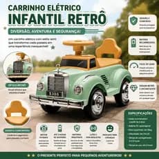 Carrinho Eletrico Infantil Retrô Verde Veiculo Motorizado Bateria Diversao Seguro Crianças