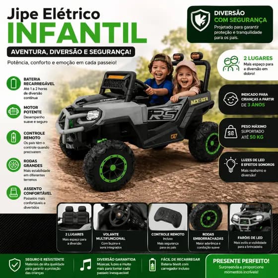 Carrinho Eletrico Infantil Jipe Cinza Motor Potente Controle Remoto Diversao Segura Conforto