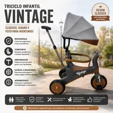 Triciclo Infantil Vintage capota Empurrador Cinza Design Classico Seguranca Conforto Passeio Seguro
