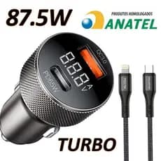 Carregador Veicular Turbo 87.5W USB-C USB-A Carregamento rápido Metal aeronáutico TIPO C