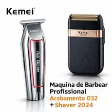 Kit 2 Maquina Acabamento Profissional Kemei KM032 Barbeador Eletrico KM2024 Sem Fio Bivolt