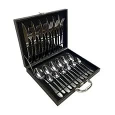 Jogo Talheres 24 Peças Faqueiro Inox Premium Luxo Com Maleta Cor Preta e Dourada