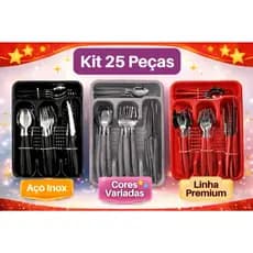 Jogo de Talheres Faqueiro com 25 Peças Aço Inox Preto Vermelho e Cinza Porta Talher Gaveteiro