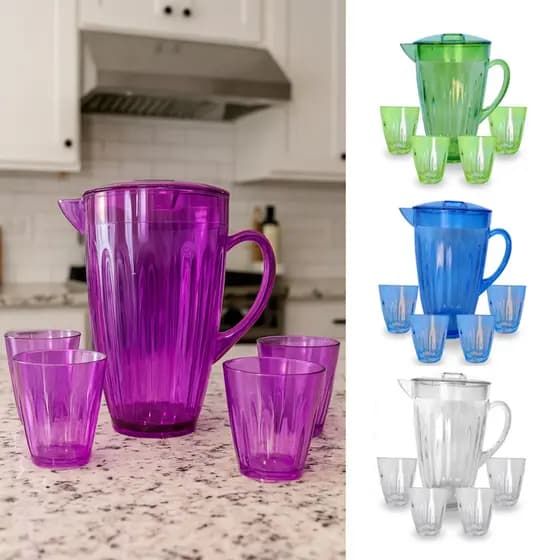 Jarra de Suco/Água /Chopp Elegance OU Jogo 5 Peças 1 Jarra 4 Copos 400 ml ESCOLHA A COR