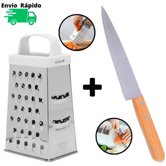 Ralador Com Faca De Cozinha 7" Do Chef Ralador 4 Faces De Corte Para Ralar Fatiar Alimentos Legumes Cabo Plástico Fatiador De Qualidade Resistente Faca De Cozinha Em Aço Inox Profissional Com Cabo De Madeira SQ Para Cortes de Carnes Peixes Alimentos