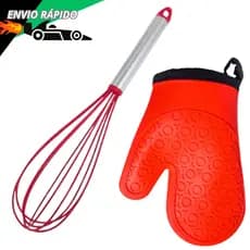 Jogo Luva Termica + Fue Batedor Ovos De Silicone Fouet Misturador Para Confeitaria Bolos