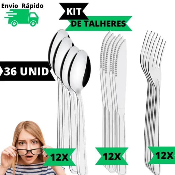 Kit Talheres 36 Peças Em Aço Inox Jogo Com 12 Facas Churrasco, 12 Garfos e 12 Colheres de Mesa Elegante