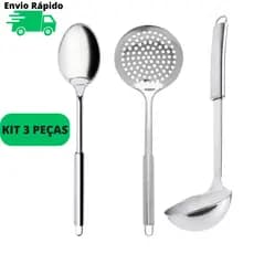 Kit De Utensílios de Cozinha Com 3 Peças 100% Aço Inox Com Concha para Feijão Sopas Caldos Presente Dia das Mães