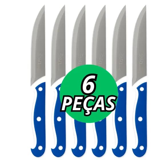 6 Peças Azul Faca Churrasco Inox 5 Polegadas Lâmina Inteiriça Cabo Ergonômico