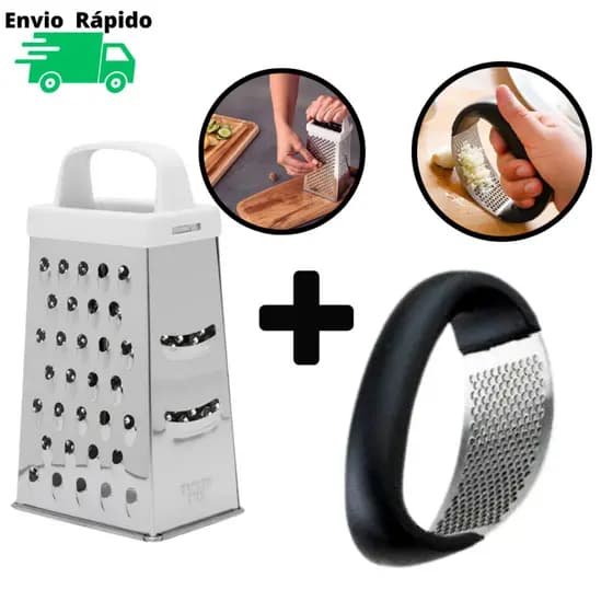Kit Amassador de Alho + Ralador 4 Faces Utensílios De Aço Inox Ralador 22 cm De Corte Para Ralar Fatiar Alimentos Cabo Plástico Fatiador Espremedor De Qualidade Resistente Casa Profissional Cozinha Restaurante