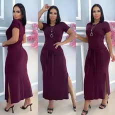 vestido longo moda Evangelica elegante liso de amarrar na cintura