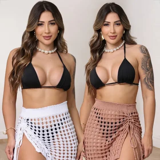 Kit 2 Saias Curta Saida De Praia Feminina Cordao Tricot Moda Praia Piscina Verão