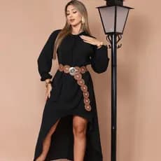 Vestido Longo Casual Feminino Liso Manga Longa Elegante