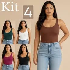 Kit 4 Regatas Femininas Caneladas Blusinha Básica Alça Larga Verão Atacado Promoção Cores Diversas Dia a Dia