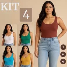 Kit 4 Regatas Femininas Caneladas Blusinha Básica Alça Larga Atacado Promoção Cores Copa Branco Verde Amarelo Azul