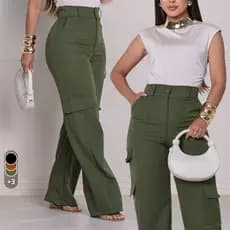 Calça Cargo Alfaiataria Social Feminina Pantalona Wide Leg Bolsos Cós Alto