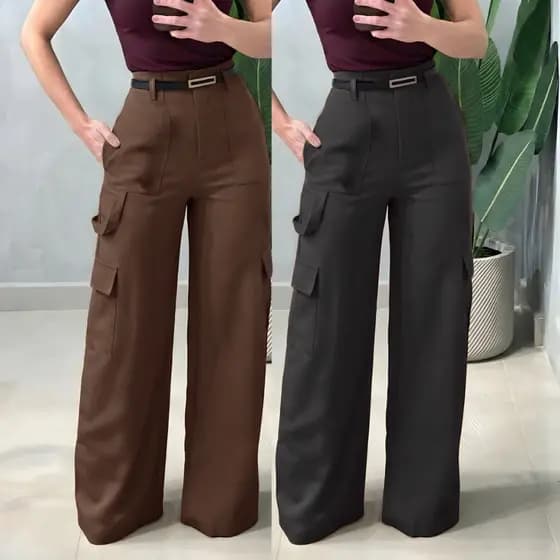Kit 2 Calça Alfaiataria Social Feminina Pantalona Cargo Wide Leg Bolsos Cós Alto