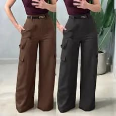 Kit 2 Calça Alfaiataria Social Feminina Pantalona Cargo Wide Leg Bolsos Cós Alto