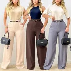 Calça Pantalona Alfaiataria Premium Com Bolso Cós Alto