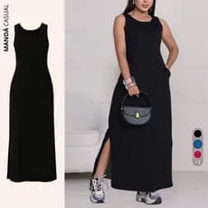 Vestido Midi Fenda Cavado Com Bolso Sem Manga Malha 100% Algodão P M G Alça Leve Fresco