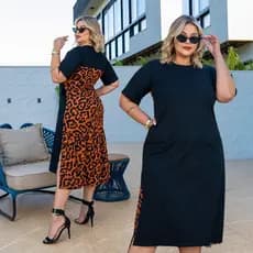 Vestido Midi Fenda Lateral Animal Print Oncinha Soltinho 100% Algodão