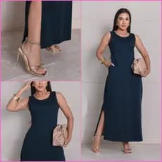 Vestido Midi Cavado Fenda Lateral Bolsos Algodão Longo Feminino