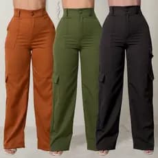 Calça Cargo  Alfaiataria Social Feminina Pantalona Bolsos Cós Alto