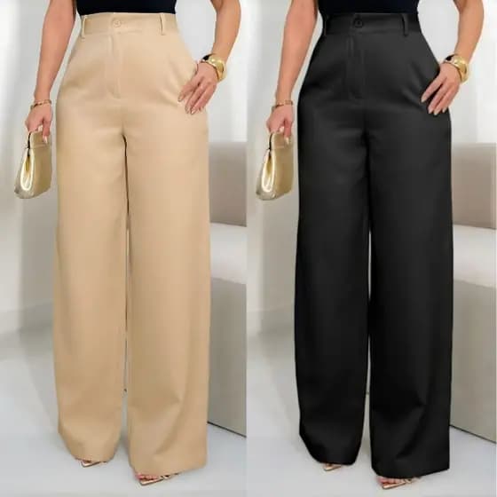 Calça Alfaiataria Wide Leg Feminina Pantalona Com Bolso Botão Zíper Luxo Casual Elegante